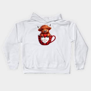 Valentine Highland Cow In Tea Cup Kids Hoodie